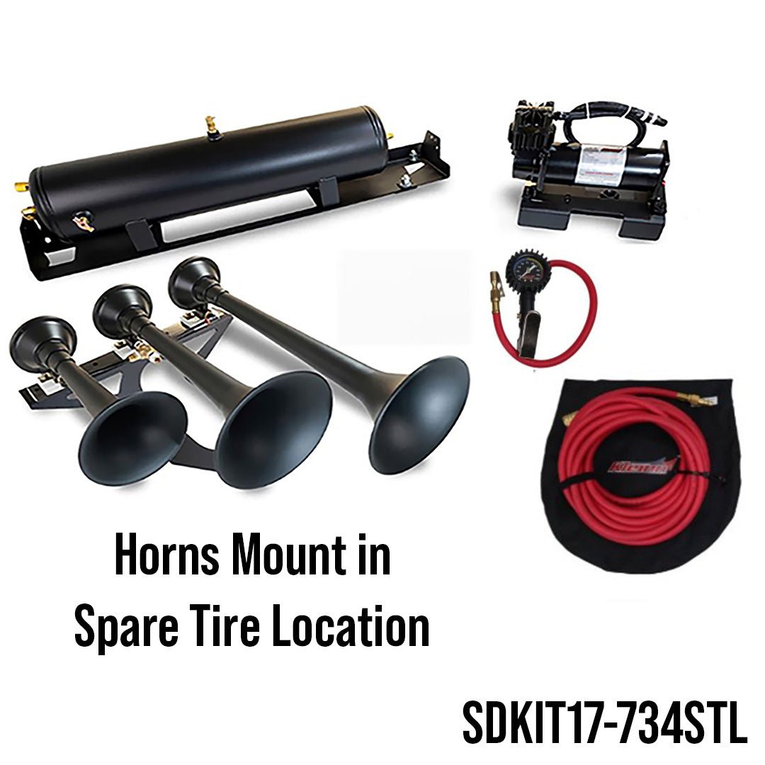 Bolt - On Spare Tire Train Horn / Onboard Air Systems for 2017 - 2026 Ford F - 250/F - 350/F - 450 Super - Duty | Horn Installed in Spare Tire Location - Kleinn Automotive Accessories - KL SDKIT17-734STL