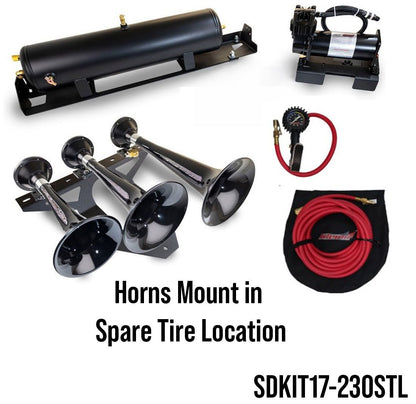 Bolt - On Spare Tire Train Horn / Onboard Air Systems for 2017 - 2026 Ford F - 250/F - 350/F - 450 Super - Duty | Horn Installed in Spare Tire Location - Kleinn Automotive Accessories - KL SDKIT17-734STL