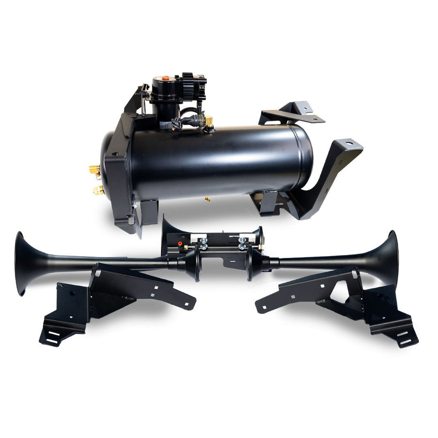 DIRECT FIT TRAIN HORN AND ONBOARD AIR SYSTEMS FOR 2007 - 2019 GM 2500HD/3500HD - Totally Bad Ass - Model 730 Train Horn and Onboard Air System - NOB - Kleinn Automotive Accessories - KL GMHD - 734 - NOB