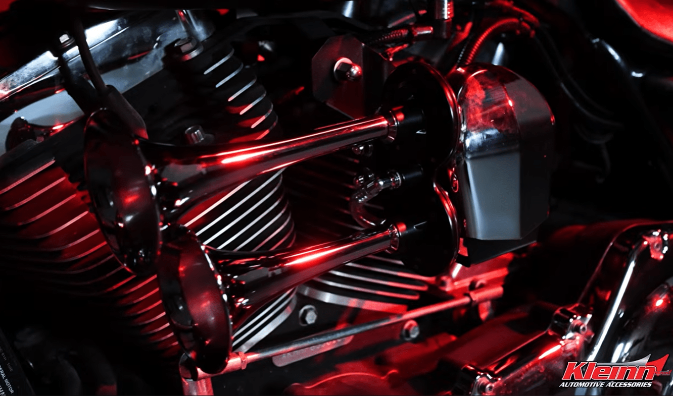 HOGKIT-1: Bolt-On Chrome Dual Air Horn Kit for 1979+ Harley-Davidson Motorcycles w/ Cowbell Style OEM Horn - Kleinn Automotive Accessories - KL HOGKIT-1